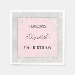 Birthday zilverkleurige roze glitter servet
