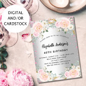Birthday zilverroze bloemen glitter kaart