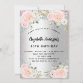 Birthday zilverroze bloemen glitter kaart (Voorkant)