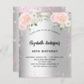 Birthday zilverroze bloemen glitter-uitnodiging (Voorkant / Achterkant)
