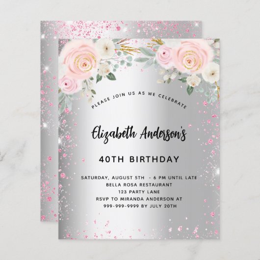 Birthday zilverroze bloemen glitter-uitnodiging (Voorkant / Achterkant)