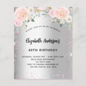 Birthday zilverroze bloemen glitter-uitnodiging (Voorkant)