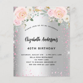 Birthday zilverroze bloemen glitter-uitnodiging