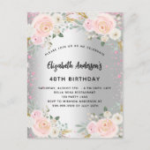 Birthday zilverroze bloemen glitter uitnodiging briefkaart (Voorkant)