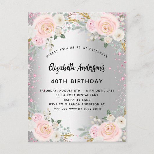 Birthday zilverroze bloemen glitter uitnodiging briefkaart (Voorkant)