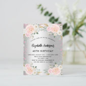 Birthday zilverroze bloemen glitter uitnodiging briefkaart (Staand voorkant)