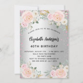 Birthday zilverroze bloemen schitterende luxe kaart (Voorkant)