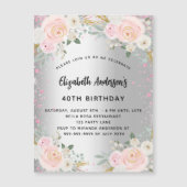 Birthday zilverroze bloemen schitterende luxe magnetische uitnodiging (Voorkant)