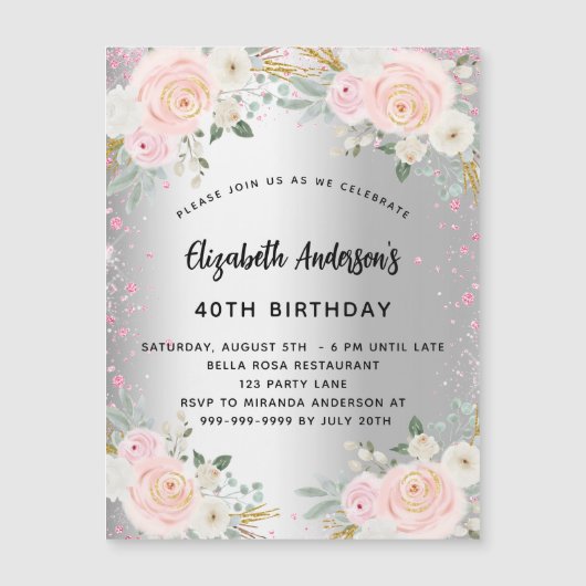 Birthday zilverroze bloemen schitterende luxe magnetische uitnodiging (Voorkant)
