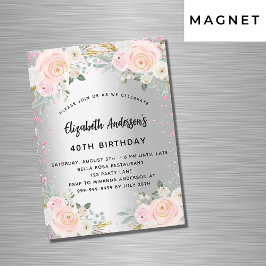 Birthday zilverroze bloemen schitterende luxe magnetische uitnodiging