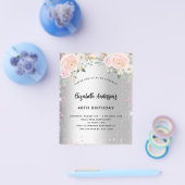 Birthday zilverroze floralen uitnodiging flyer (Enkel)