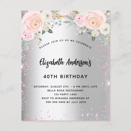 Birthday zilverroze floralen uitnodiging flyer (Voorkant)
