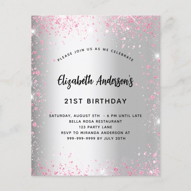 Birthday zilverroze glitter budget uitnodiging (Voorkant)