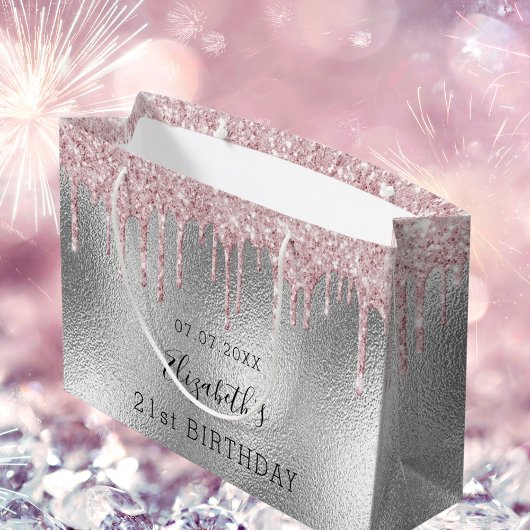 Birthday zilverroze glitter drift naam groot cadeauzakje