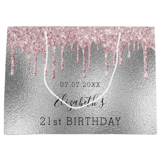 Birthday zilverroze glitter drift naam groot cadeauzakje (Voorkant)
