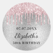 Birthday zilverroze glitter drift naam ronde sticker (Voorkant)