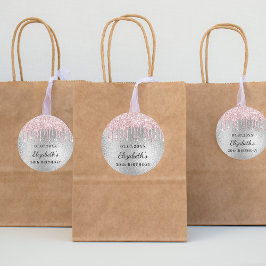 Birthday zilverroze glitter drift naam ronde sticker