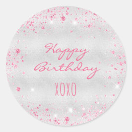 Birthday zilverroze glitter hugs kisses ronde sticker