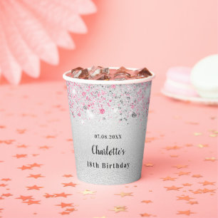 Birthday zilverroze glitter name party papieren bekers