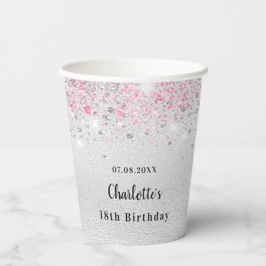 Birthday zilverroze glitter name party papieren bekers (Achterkant)