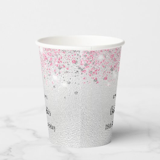 Birthday zilverroze glitter name party papieren bekers (Rechts)