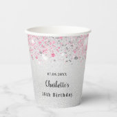 Birthday zilverroze glitter name party papieren bekers (Voorkant)