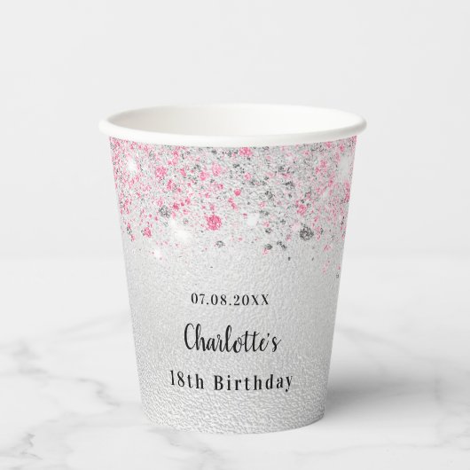 Birthday zilverroze glitter name party papieren bekers (Voorkant)