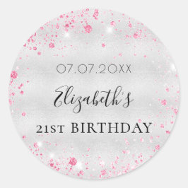 Birthday zilverroze glitter-stofnaamdatum ronde sticker