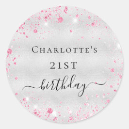 Birthday zilverroze glittermonogram ronde sticker