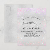 Birthday zilverroze paarse glitter-stofmeisje uitnodiging briefkaart (Voorkant / Achterkant)