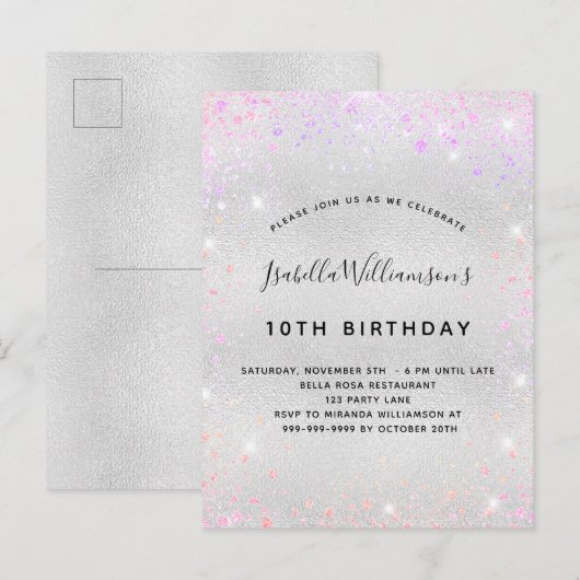 Birthday zilverroze paarse glitter-stofmeisje uitnodiging briefkaart (Voorkant / Achterkant)