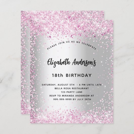 Birthday zilverroze spargel-begrotingsuitnodiging (Voorkant / Achterkant)