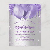 Birthday zilverviolette ballonnen uitnodiging briefkaart (Voorkant)