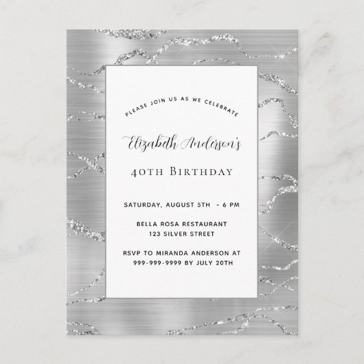 Birthday zilverwitte elegant uitnodiging briefkaart (Voorkant)