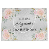 Birthday zilverzwarte roze bloemen groot cadeauzakje (Voorkant)