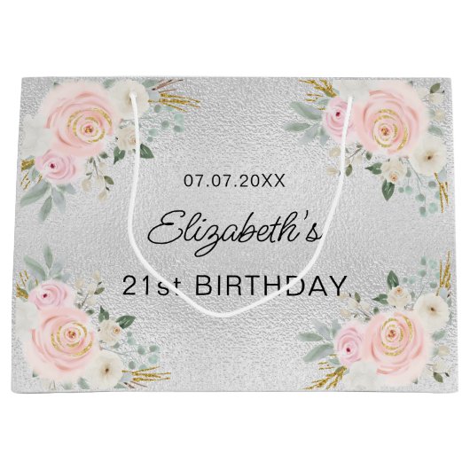 Birthday zilverzwarte roze bloemen groot cadeauzakje (Voorkant)