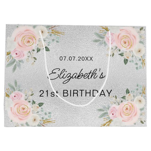 Birthday zilverzwarte roze bloemen groot cadeauzakje (Achterkant)