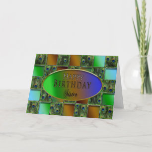 BIRTHDAY - ZISTER - PEACOCK FEATHERS KAART