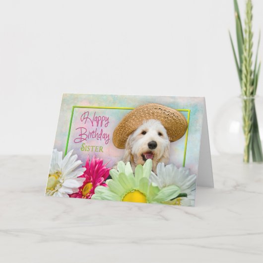 BIRTHDAY - ZISTER - PUPPY/FLOWERS/SUNHAT KAART (Voorkant)
