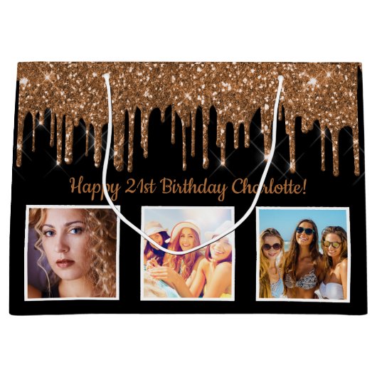 Birthday zwart goud aangepaste foto glitter monogr groot cadeauzakje (Voorkant)