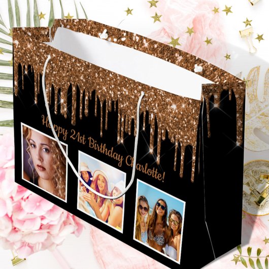 Birthday zwart goud aangepaste foto glitter monogr groot cadeauzakje