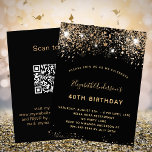 Birthday zwart goud glitter QR code RSVP Kaart<br><div class="desc">Een moderne, stijlvolle en glamoureuze uitnodiging voor een 40e (of om het even welke leeftijd) verjaardagsfeestje. Een zwarte achtergrond versierd met faux glitter en sparkle. De naam wordt geschreven met een modern gouden gekleurd handgeschreven stijlmanuscript met letters. Pas je partijgegevens aan en voeg deze toe. Terug: je QR-code naar je...</div>