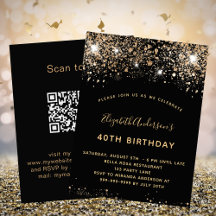Birthday zwart goud glitter QR code RSVP