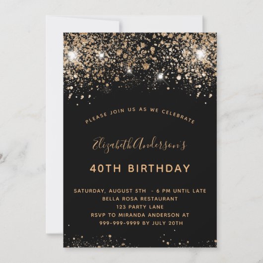Birthday zwart goud glitter QR code RSVP Kaart (Voorkant)