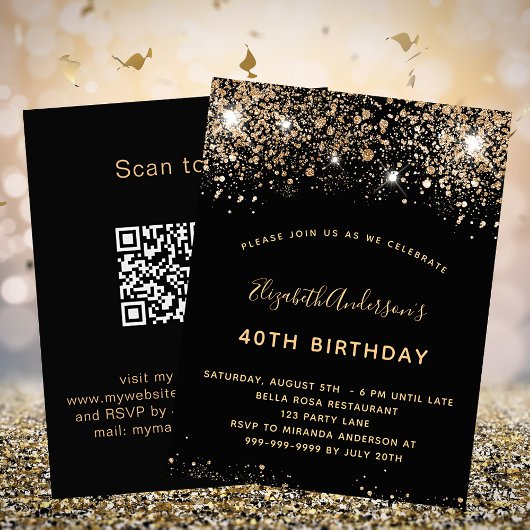 Birthday zwart goud QR code RSVP budget Uitnodigin