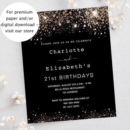 Birthday zwart goud twee vrienden begrotingsuitnod flyer