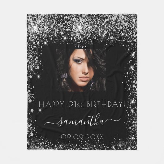 Birthday zwarte aangepaste foto zilverglitter fleece deken (Voorkant)