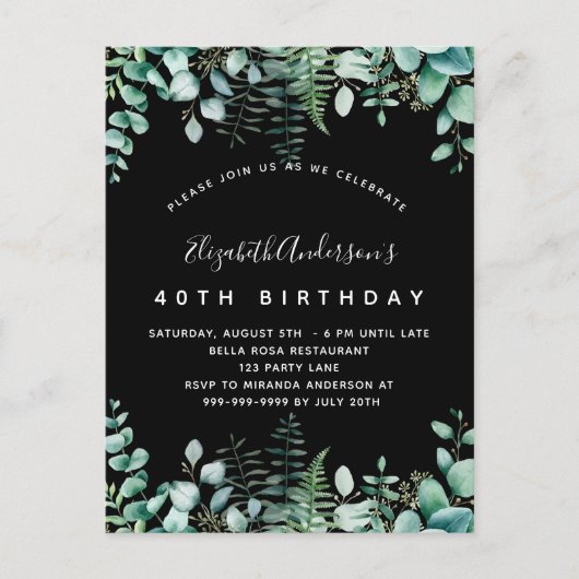 Birthday zwarte eucalyptusbos uitnodiging briefkaart (Voorkant)