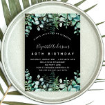 Birthday zwarte eucalyptusbos uitnodiging briefkaart<br><div class="desc">Een trendy uitnodiging voor een 40e (of om het even welke leeftijd) verjaardagspartij,  die bossthema betoverde. Een zwarte achtergrond met ferns en eucalyptusgrienery. De naam wordt geschreven met een modern handgeschreven stijlmanuscript met letters. Pas je partijgegevens aan en voeg deze toe.</div>