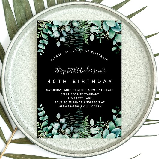 Birthday zwarte eucalyptusbos uitnodiging briefkaart